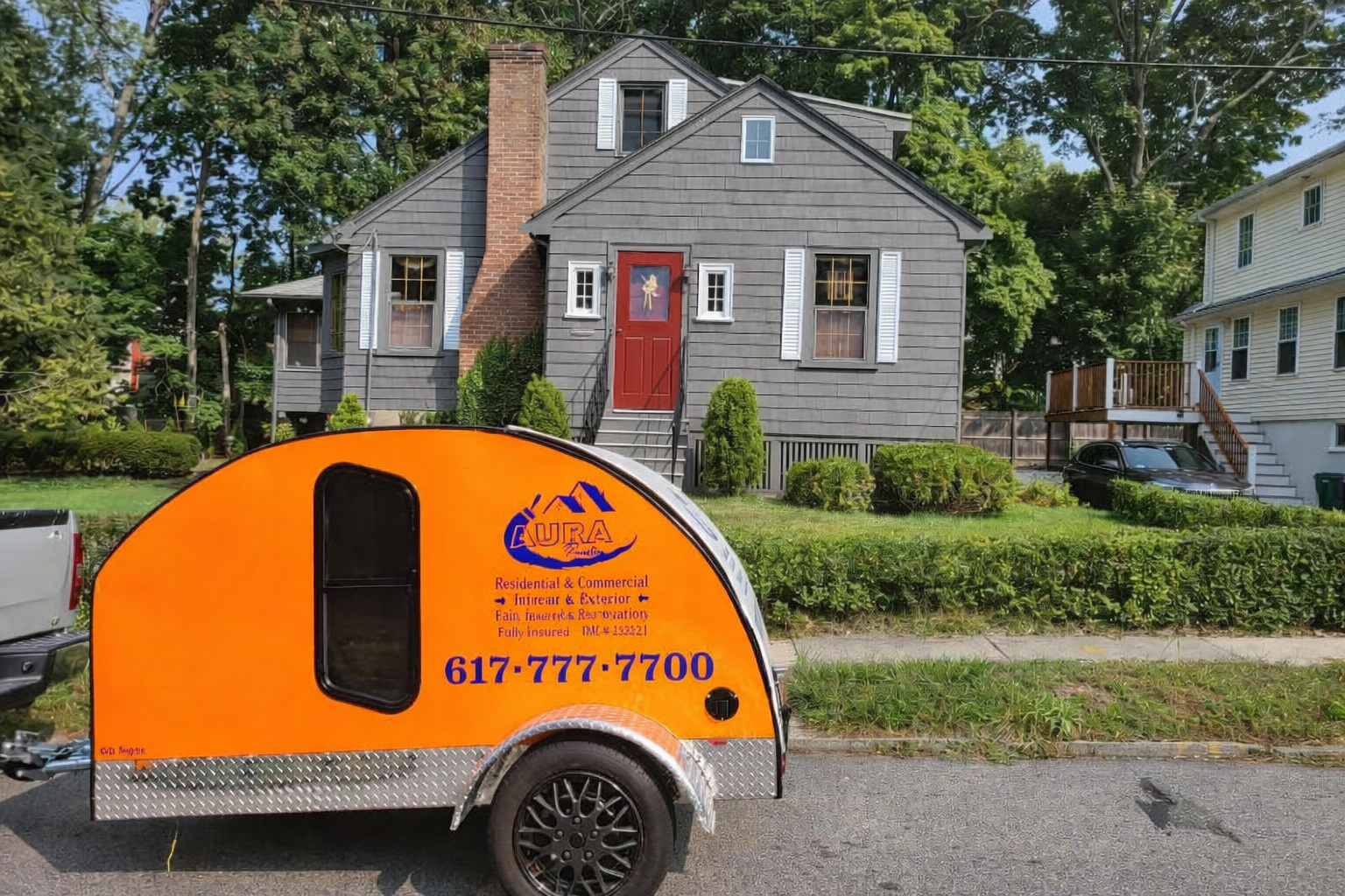 Aura Painting branded trailer at a residential job in Massachusetts
