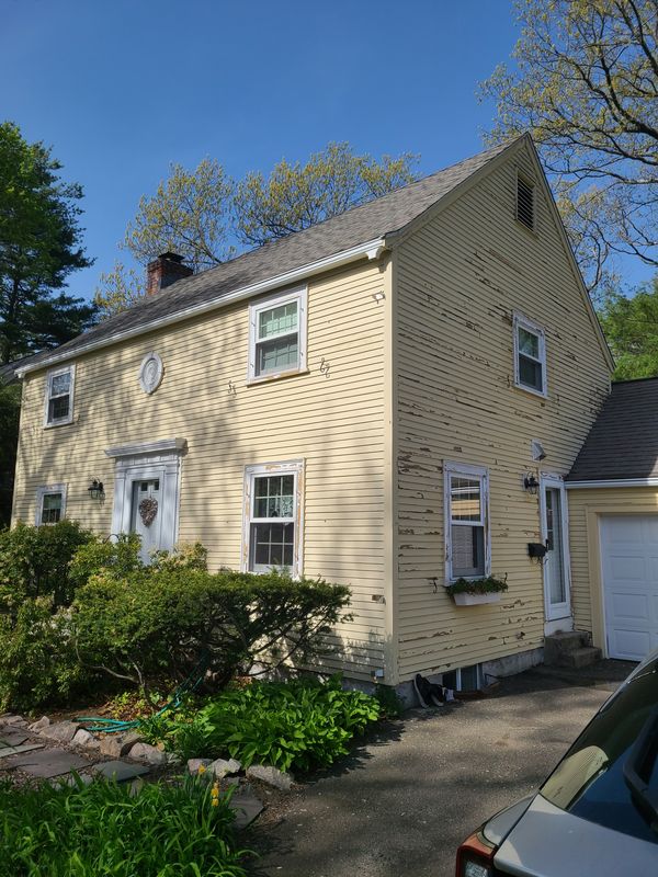 Exterior paint failure across clapboard before scraping and priming